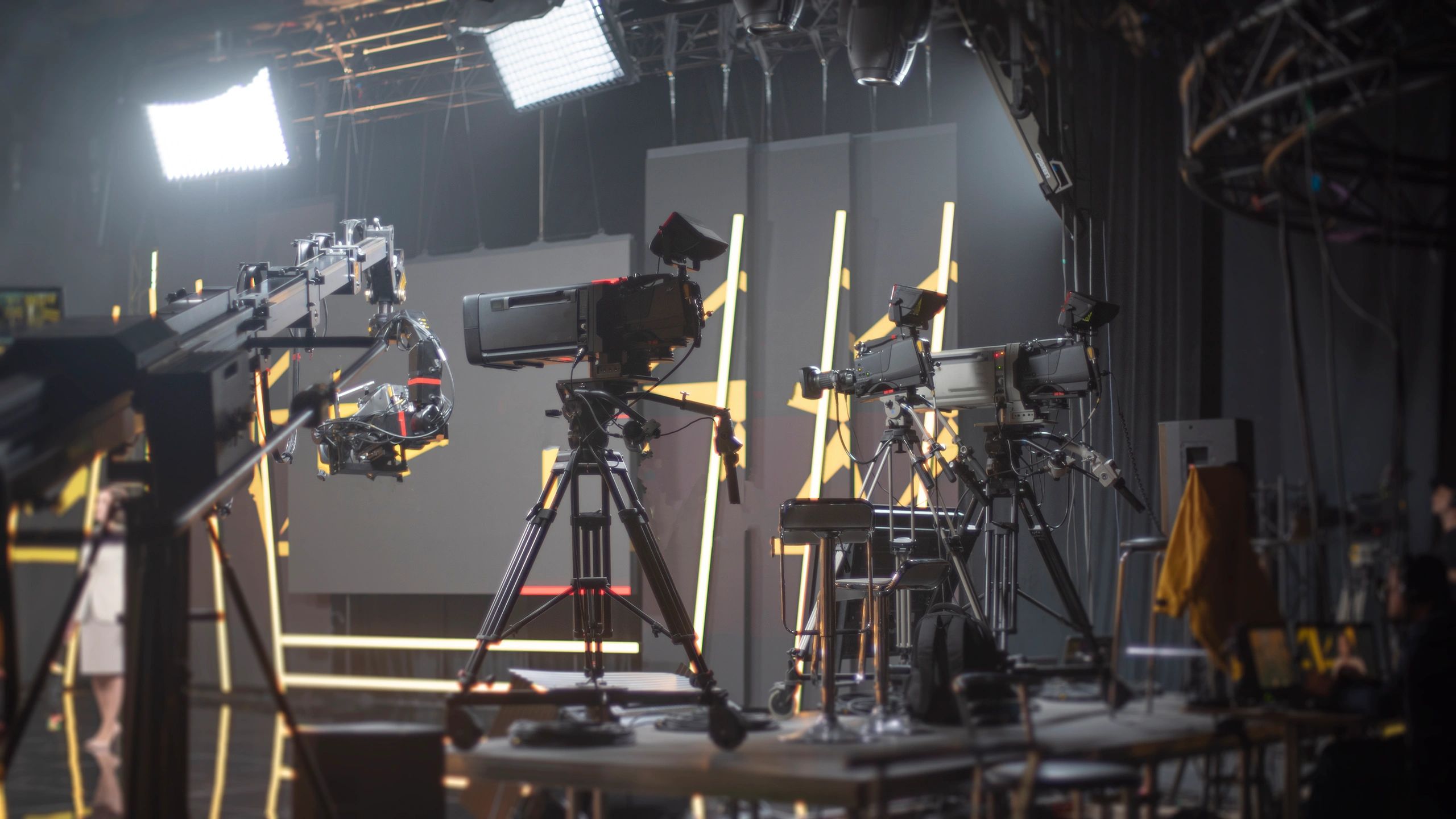Live news studio with broadcast cameras
